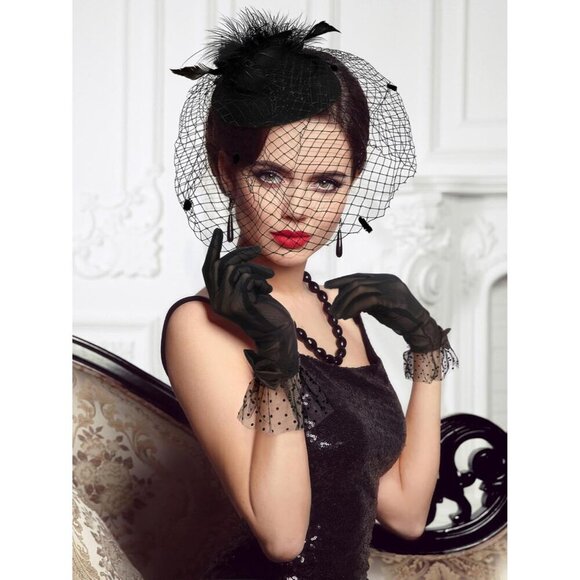 Women’s 50s Fascinators Feather Pillbox Hat Lace Gloves for Weddings Parties main image 5